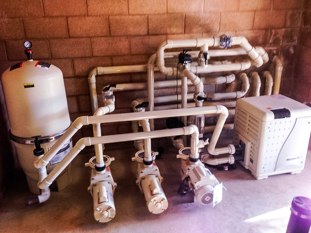 Full swimming pool equipment set 10 feet below water level.